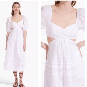 New Staud Carina White Poplin Cutout Puff sleeve Midi Dress Size M